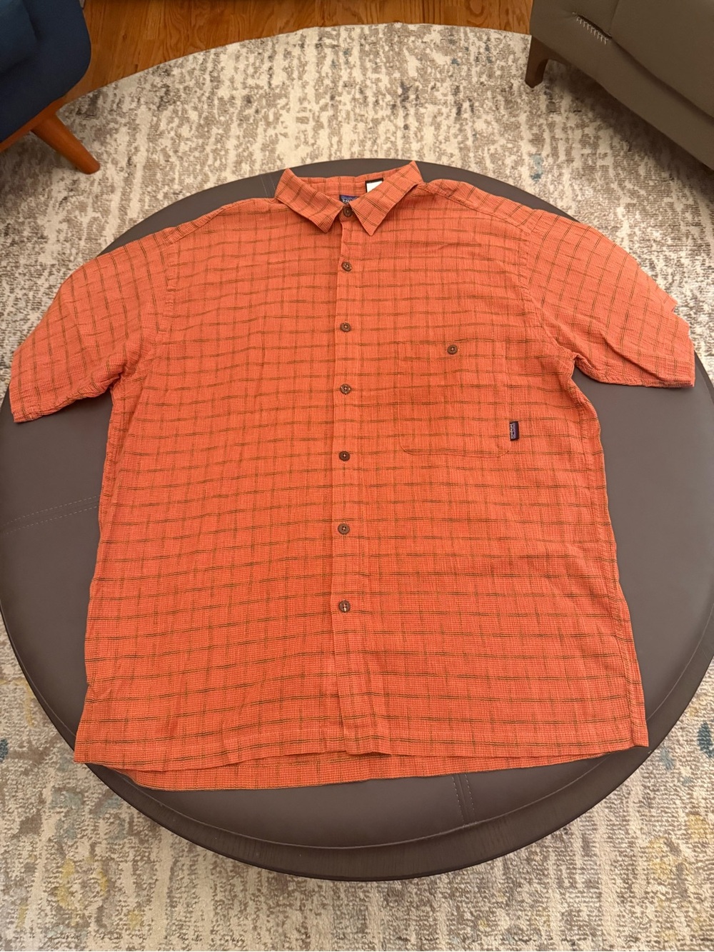 Patagonia 100% Organic Crinkle Cotton Orange Plaid Short Sleeve Button Up L